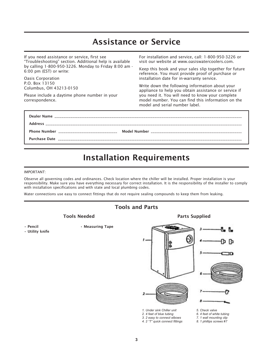 Assistance or service installation requirements, Tools and parts | Hydrotech ProSelect R1P Remote Water Chiller User Manual | Page 3 / 16