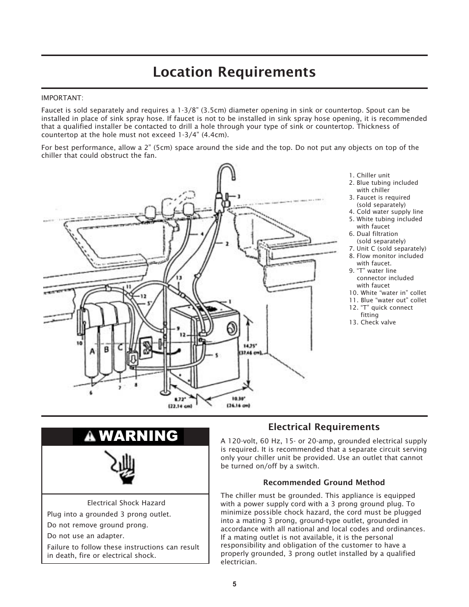 Warning, Location requirements, Electrical requirements | Hydrotech ProSelect R1P Remote Water Chiller User Manual | Page 5 / 16