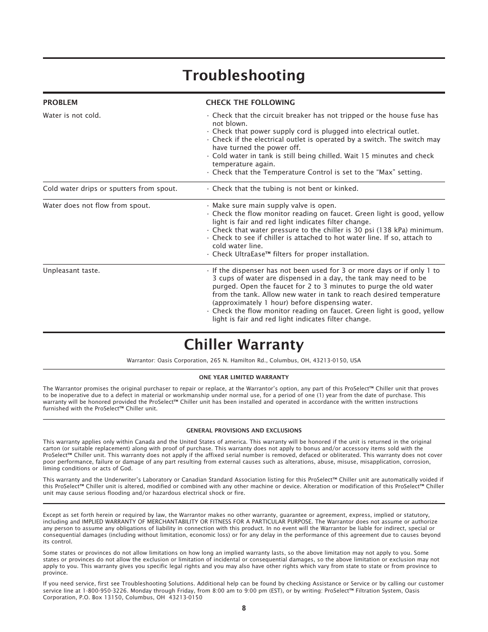 Troubleshooting chiller warranty | Hydrotech ProSelect R1P Remote Water Chiller User Manual | Page 8 / 16