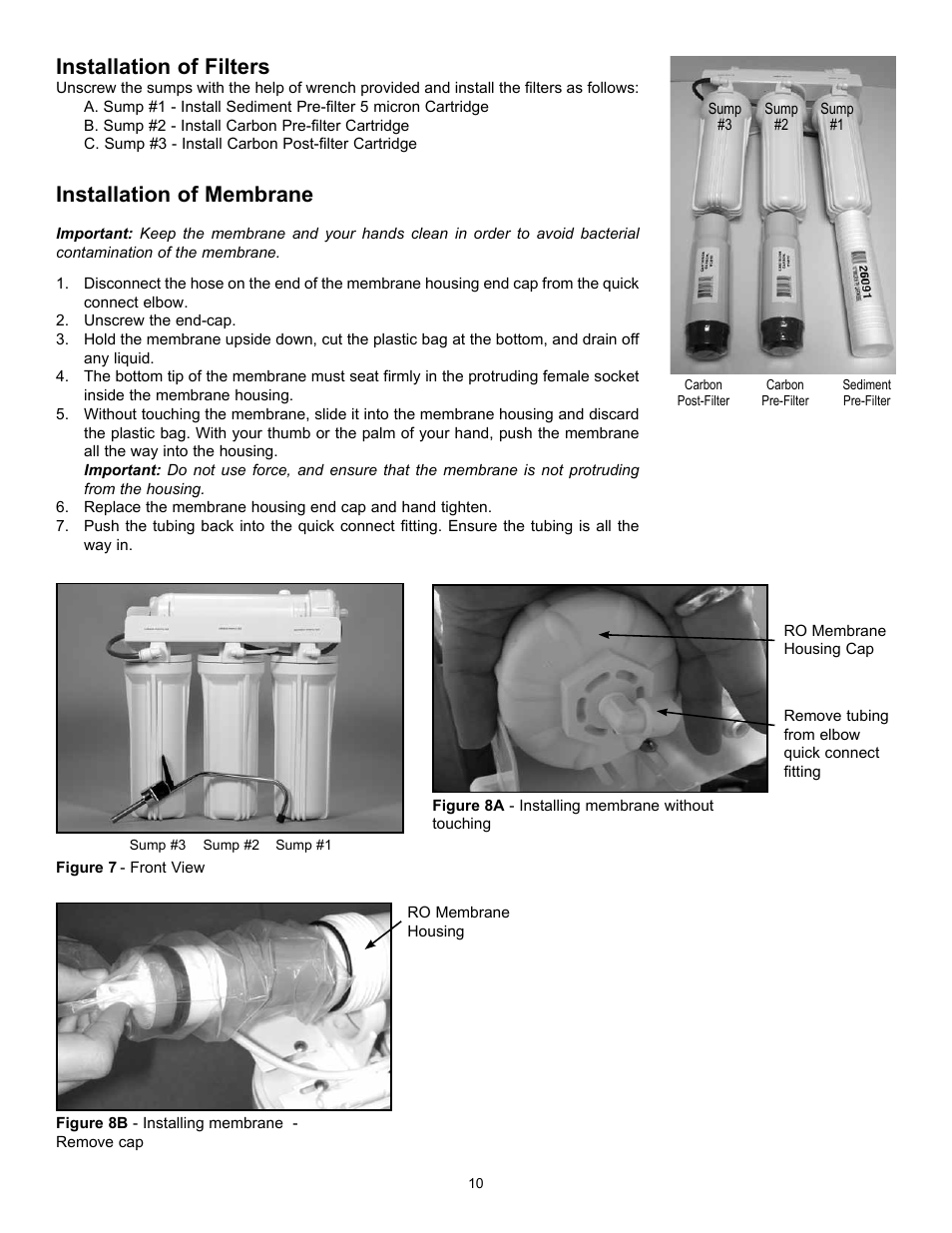 Installation of filters, Installation of membrane | Hydrotech Reverse Osmosis Drinking Water System c_w Booster Pump and Inlet Solenoid User Manual | Page 12 / 24