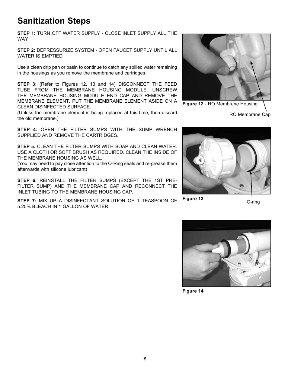 Sanitization steps | Hydrotech Reverse Osmosis Drinking Water System c_w Booster Pump and Inlet Solenoid User Manual | Page 17 / 24