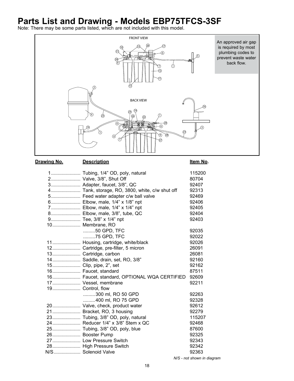 Parts list and drawing - models ebp75tfcs-3sf | Hydrotech Reverse Osmosis Drinking Water System c_w Booster Pump and Inlet Solenoid User Manual | Page 20 / 24