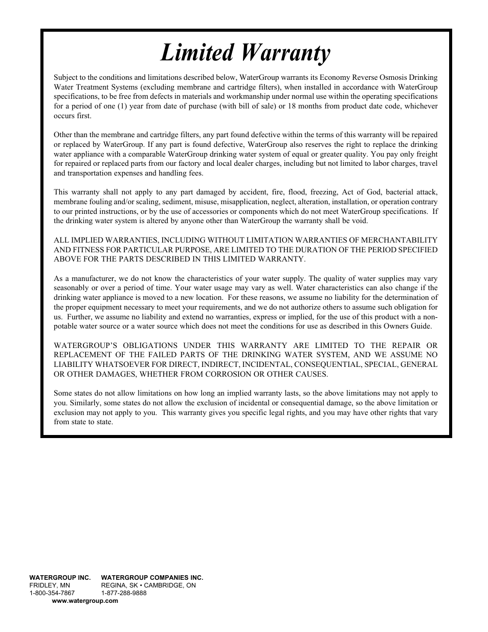 Limited warranty | Hydrotech Reverse Osmosis Drinking Water System c_w Booster Pump and Inlet Solenoid User Manual | Page 24 / 24