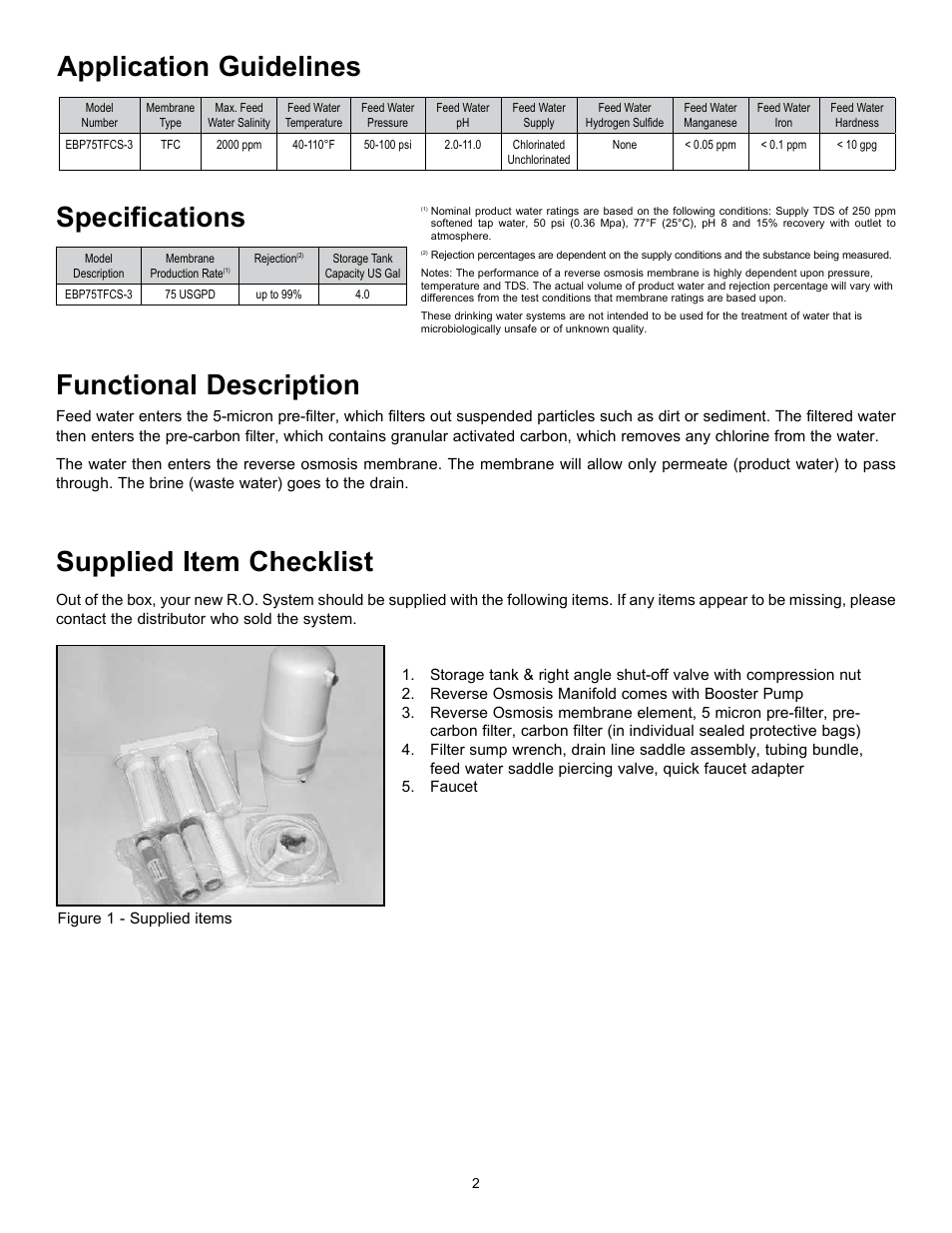 Supplied item checklist, Application guidelines functional description, Specifications | Hydrotech Reverse Osmosis Drinking Water System c_w Booster Pump and Inlet Solenoid User Manual | Page 4 / 24