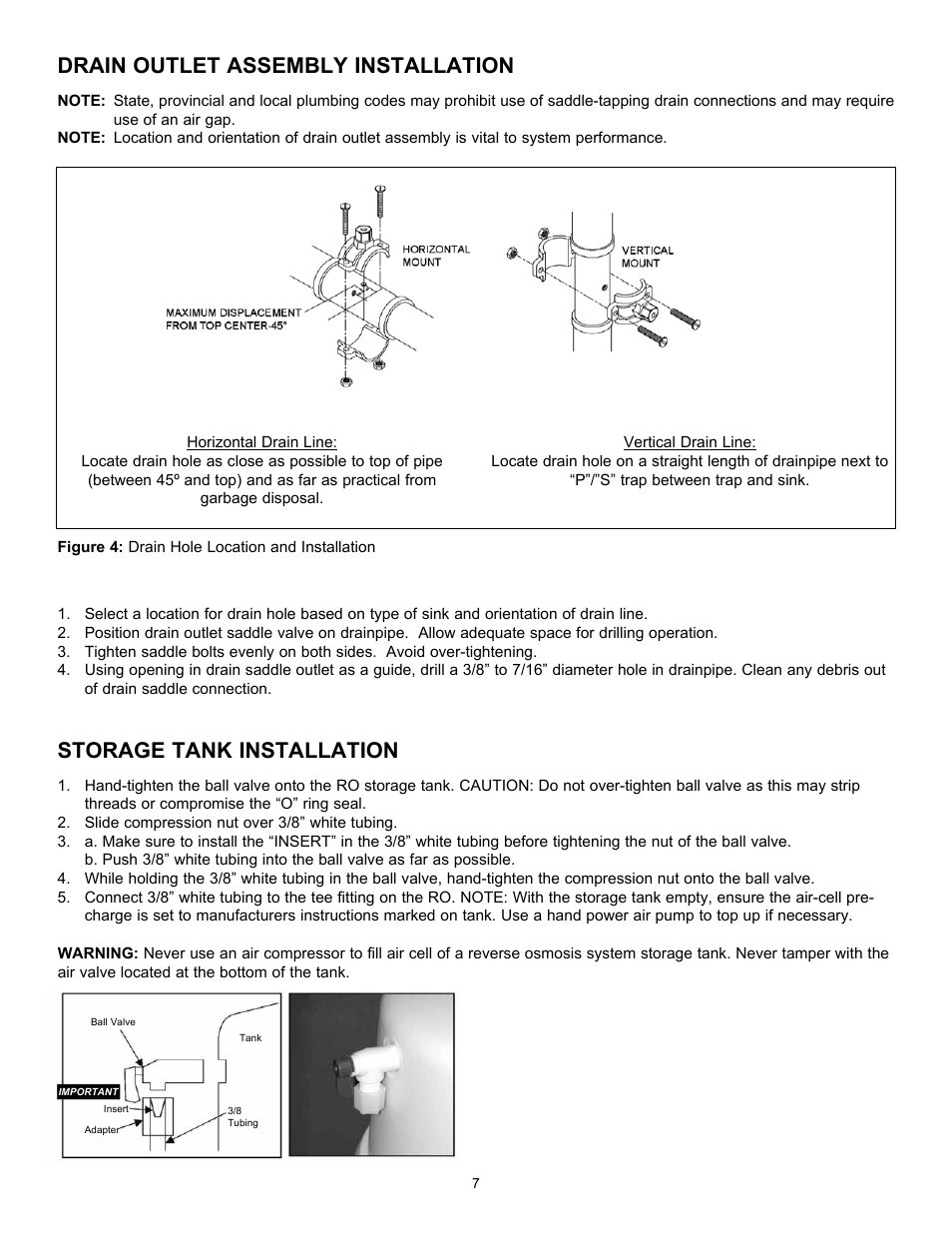 Drain outlet assembly installation, Storage tank installation | Hydrotech Reverse Osmosis Drinking Water System c_w Booster Pump and Inlet Solenoid User Manual | Page 9 / 24