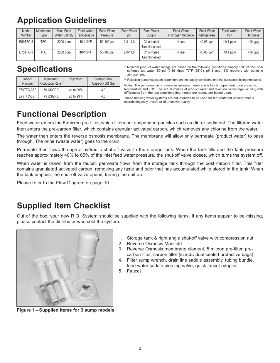 Supplied item checklist, Application guidelines functional description, Specifications | Hydrotech Reverse Osmosis Drinking Water System User Manual | Page 4 / 24