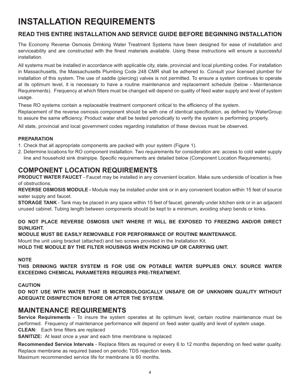 Installation requirements, Component location requirements, Maintenance requirements | Hydrotech Reverse Osmosis Drinking Water System User Manual | Page 6 / 24