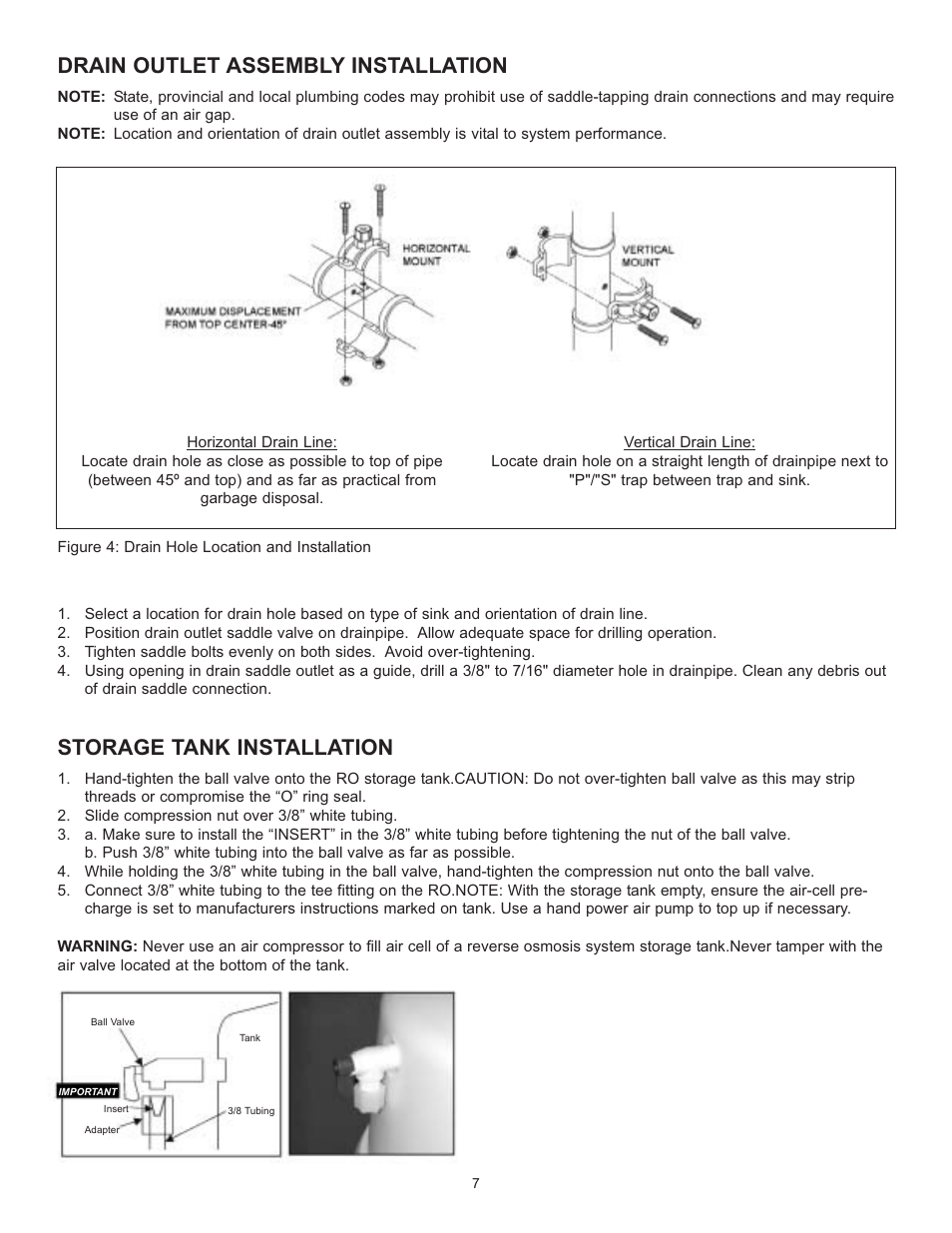 Drain outlet assembly installation, Storage tank installation | Hydrotech Reverse Osmosis Drinking Water System User Manual | Page 9 / 24