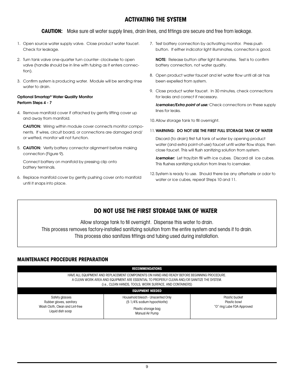 Activating the system, Do not use the first storage tank of water | Hydrotech 1240 Series ADVANCED REVERSE OSMOSIS WATER TREATMENT SYSTEMS User Manual | Page 15 / 20