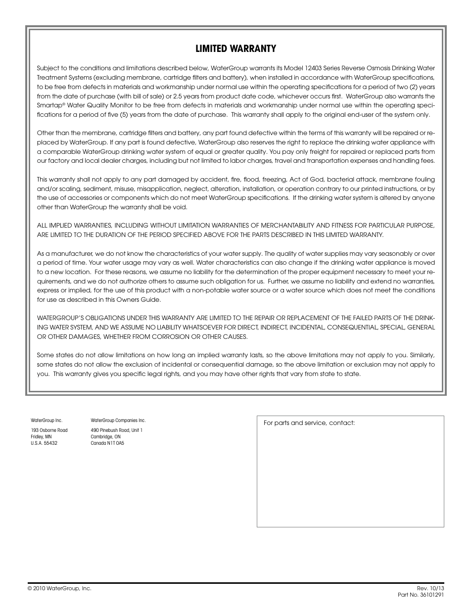 Limited warranty | Hydrotech 1240 Series ADVANCED REVERSE OSMOSIS WATER TREATMENT SYSTEMS User Manual | Page 20 / 20