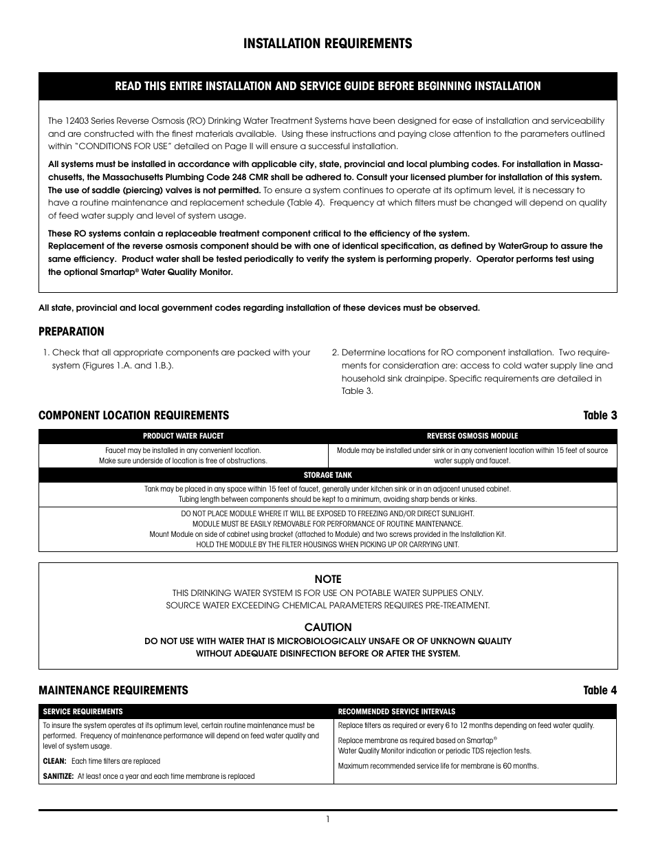 Installation requirements, Preparation, Component location requirements table 3 | Maintenance requirements table 4 | Hydrotech 1240 Series ADVANCED REVERSE OSMOSIS WATER TREATMENT SYSTEMS User Manual | Page 7 / 20