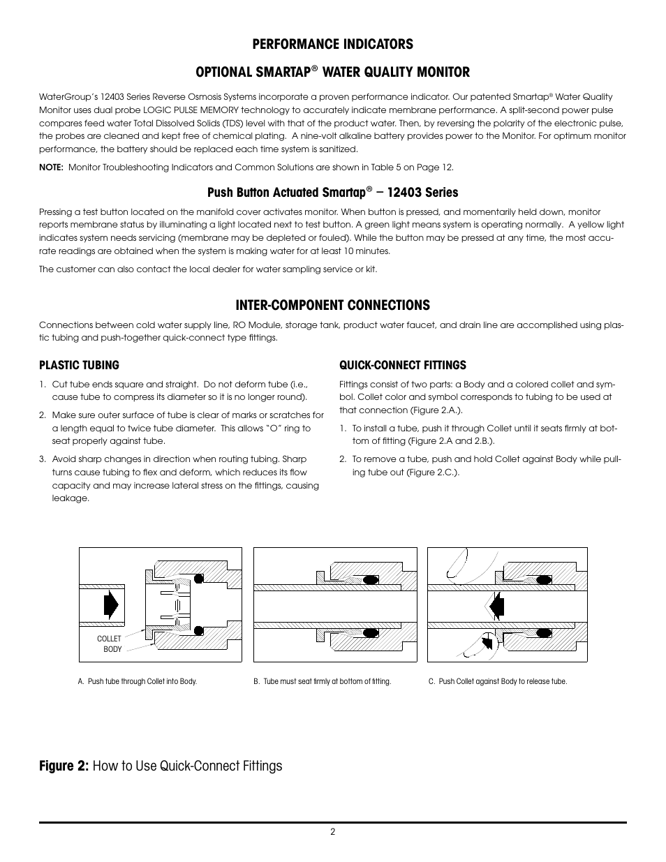 Inter-component connections, Figure 2: how to use quick-connect fittings, Plastic tubing | Quick-connect fittings | Hydrotech 1240 Series ADVANCED REVERSE OSMOSIS WATER TREATMENT SYSTEMS User Manual | Page 8 / 20
