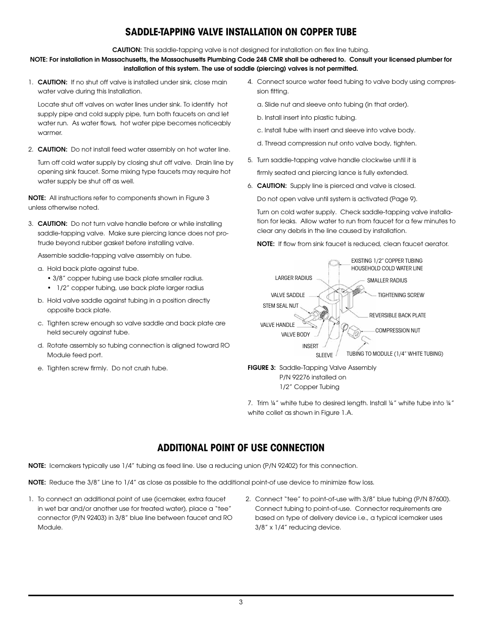 Saddle-tapping valve installation on copper tube, Additional point of use connection | Hydrotech 1240 Series ADVANCED REVERSE OSMOSIS WATER TREATMENT SYSTEMS User Manual | Page 9 / 20