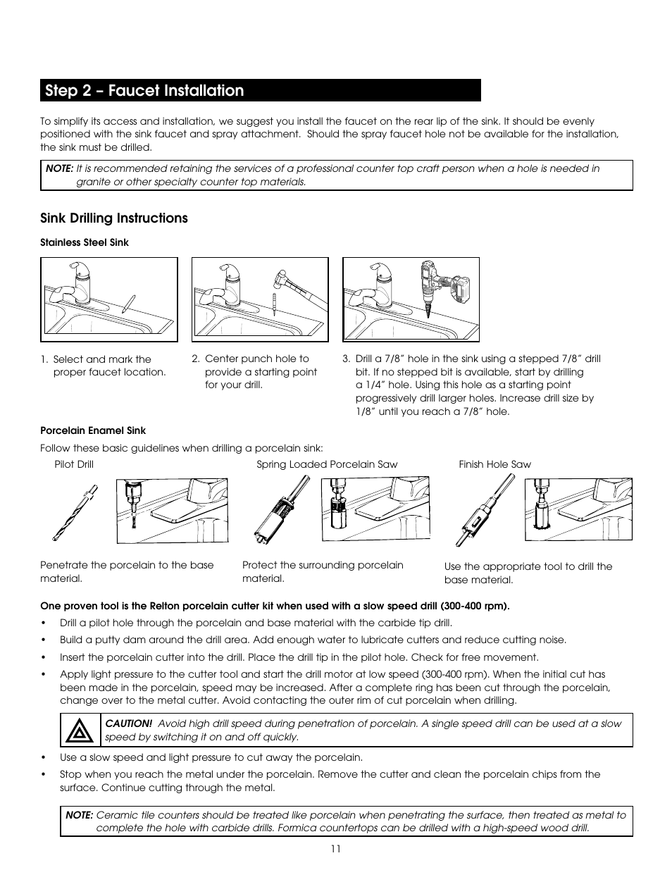 Step 2 – faucet installation, Sink drilling instructions | Hydrotech PURA QCUF Quick Change Ultrafiltration Drinking Water System User Manual | Page 13 / 24