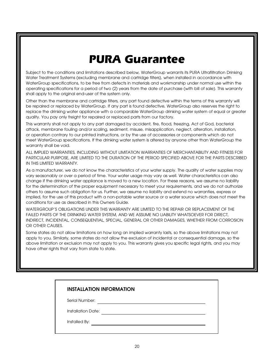 Pura guarantee | Hydrotech PURA QCUF Quick Change Ultrafiltration Drinking Water System User Manual | Page 22 / 24
