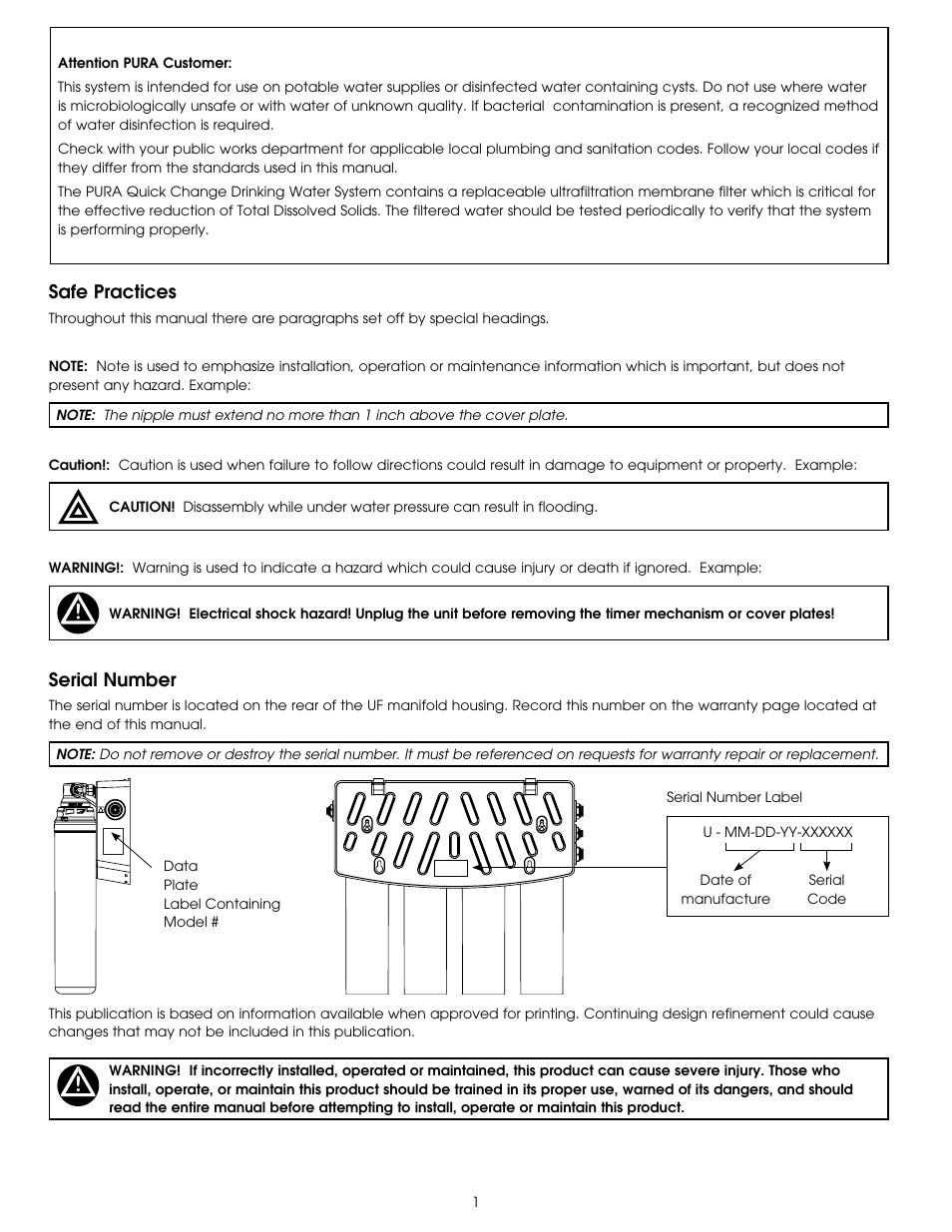 Safe practices, Serial number | Hydrotech PURA QCUF Quick Change Ultrafiltration Drinking Water System User Manual | Page 3 / 24