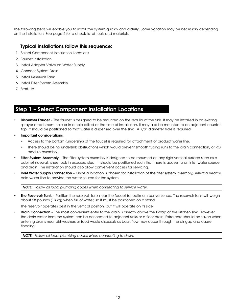 Step 1 – select component installation locations, Typical installations follow this sequence | Hydrotech PURA QCRO Series Quick Change Reverse Osmosis Drinking Water System User Manual | Page 14 / 32