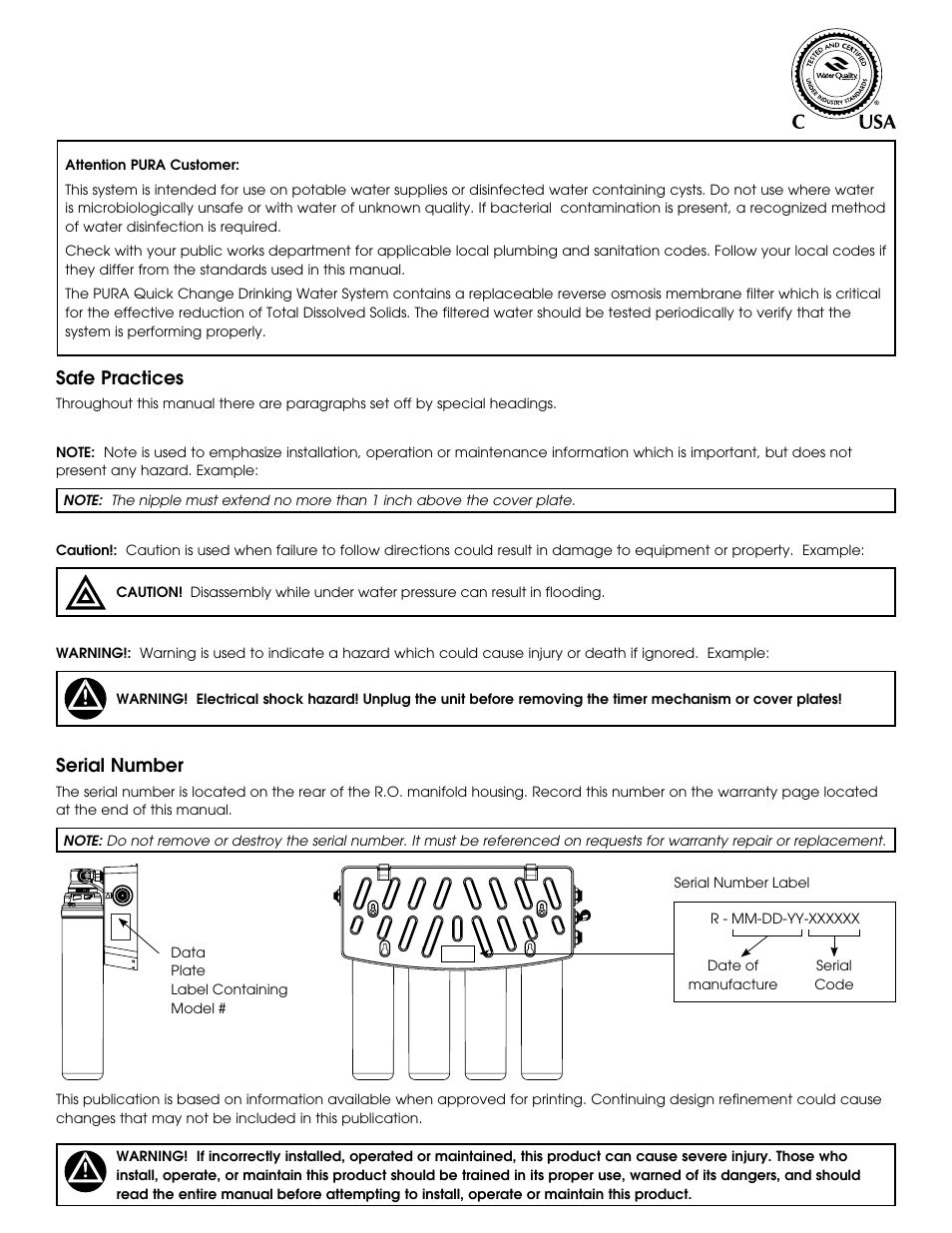 Safe practices, Serial number | Hydrotech PURA QCRO Series Quick Change Reverse Osmosis Drinking Water System User Manual | Page 2 / 32
