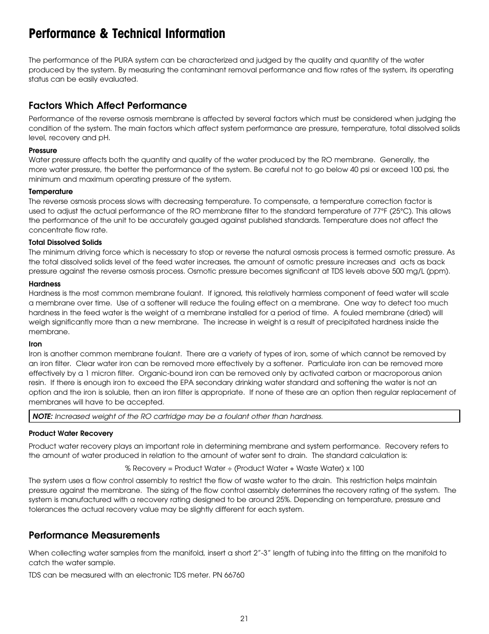 Performance & technical information | Hydrotech PURA QCRO Series Quick Change Reverse Osmosis Drinking Water System User Manual | Page 23 / 32