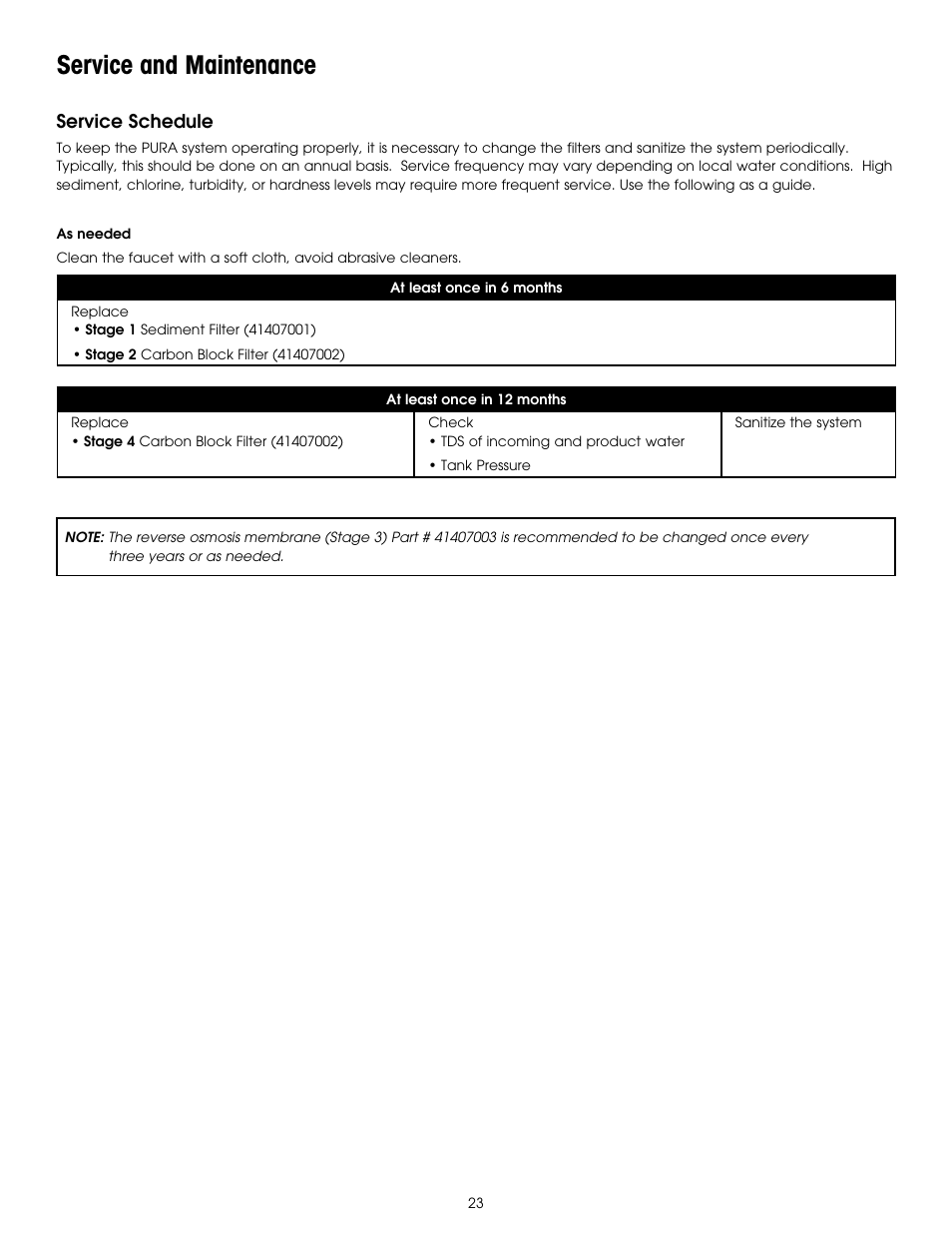 Service and maintenance | Hydrotech PURA QCRO Series Quick Change Reverse Osmosis Drinking Water System User Manual | Page 25 / 32