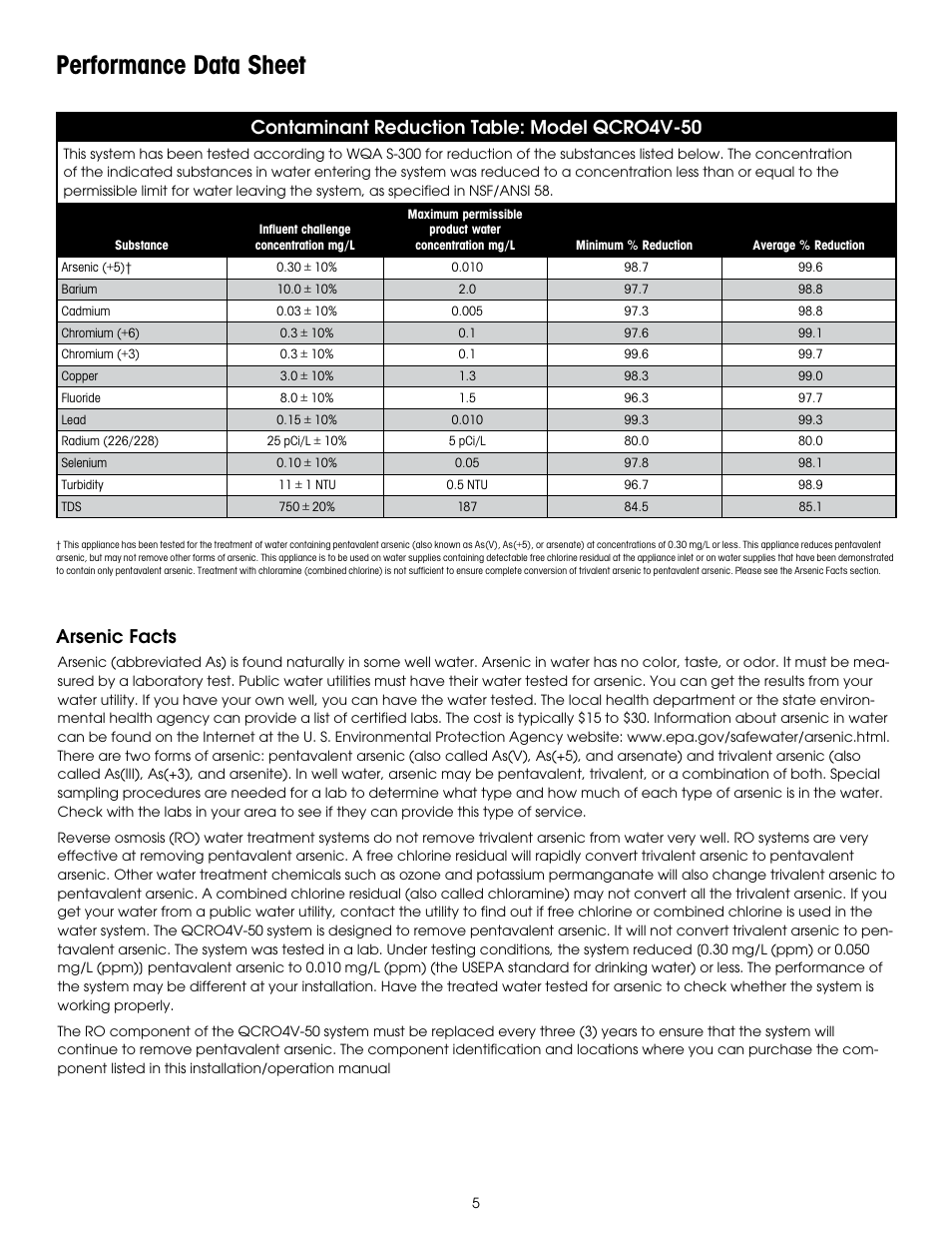 Performance data sheet, Contaminant reduction table: model qcro4v-50, Arsenic facts | Hydrotech PURA QCRO Series Quick Change Reverse Osmosis Drinking Water System User Manual | Page 7 / 32