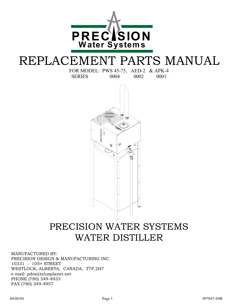 Hydrotech Precision-PWS 45-75, AED-2 & APK-4 SERIES 0004 0002 0001 REPLACEMENT PARTS MANUAL User Manual | 28 pages
