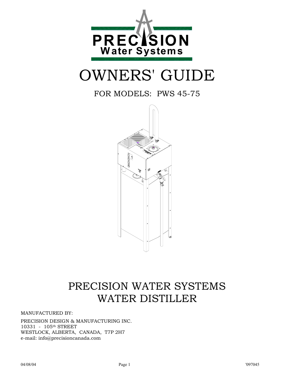 Hydrotech Precision-PWS 45-75 OWNERS GUIDE User Manual | 9 pages