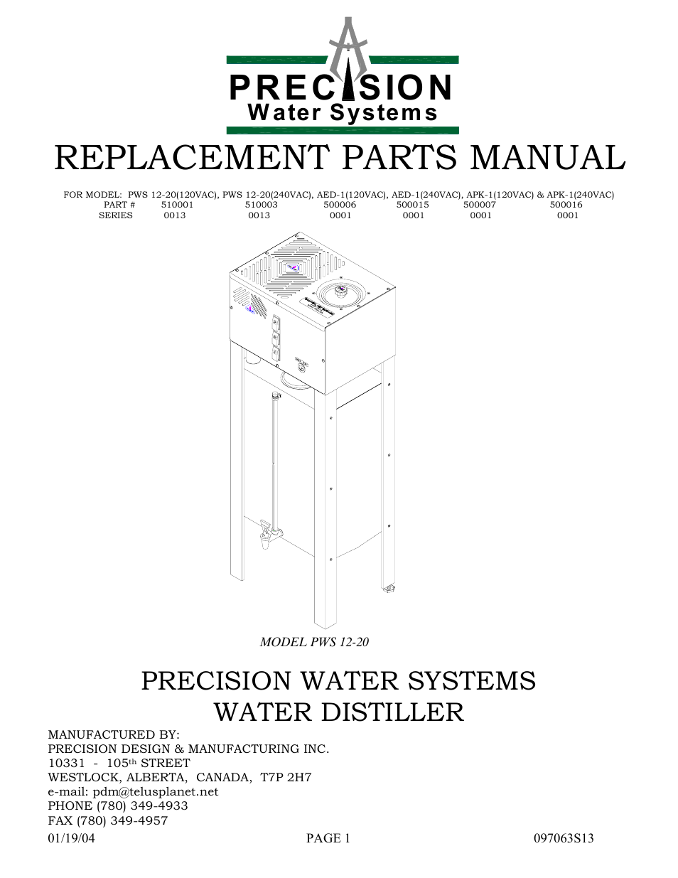 Hydrotech Precision-PWS 12-20(120_240VAC), AED-1(120_240VAC), APK-1(120_240VAC) REPLACEMENT PARTS MANUAL User Manual | 24 pages