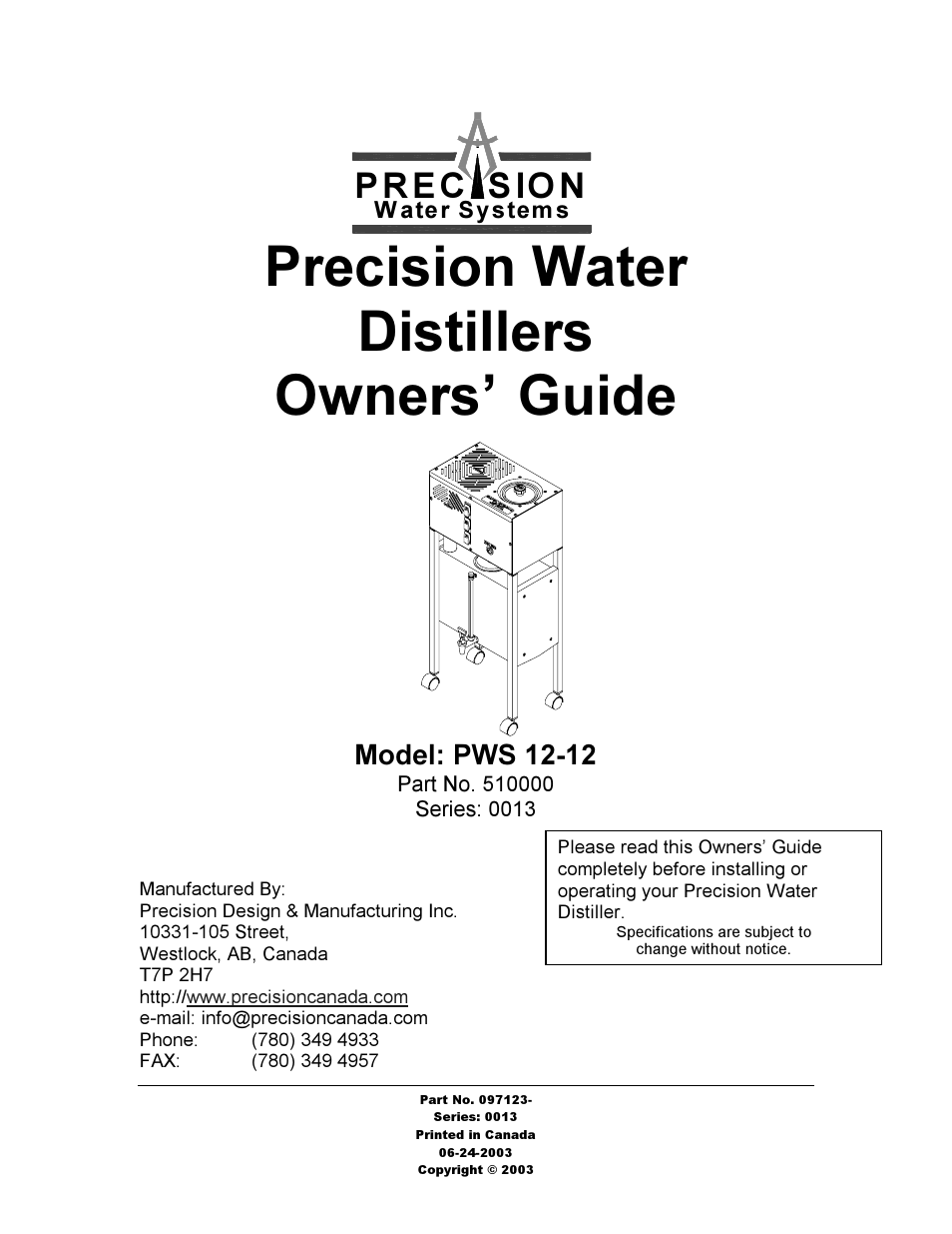 Hydrotech Precision-PWS 12-12 OWNERS GUIDE User Manual | 66 pages