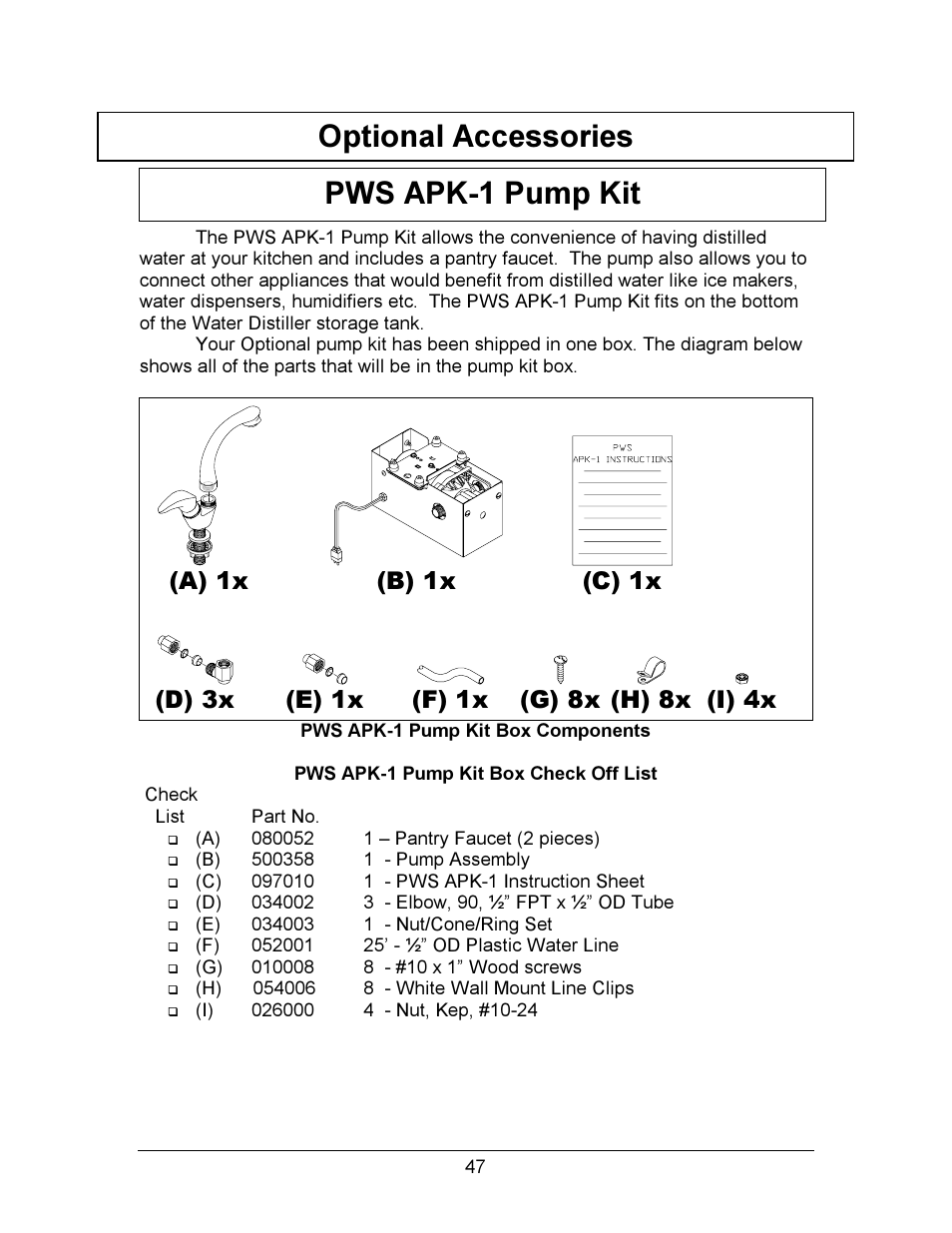 Optional accessories pws apk-1 pump kit | Hydrotech Precision-PWS 12-12 OWNERS GUIDE User Manual | Page 47 / 66