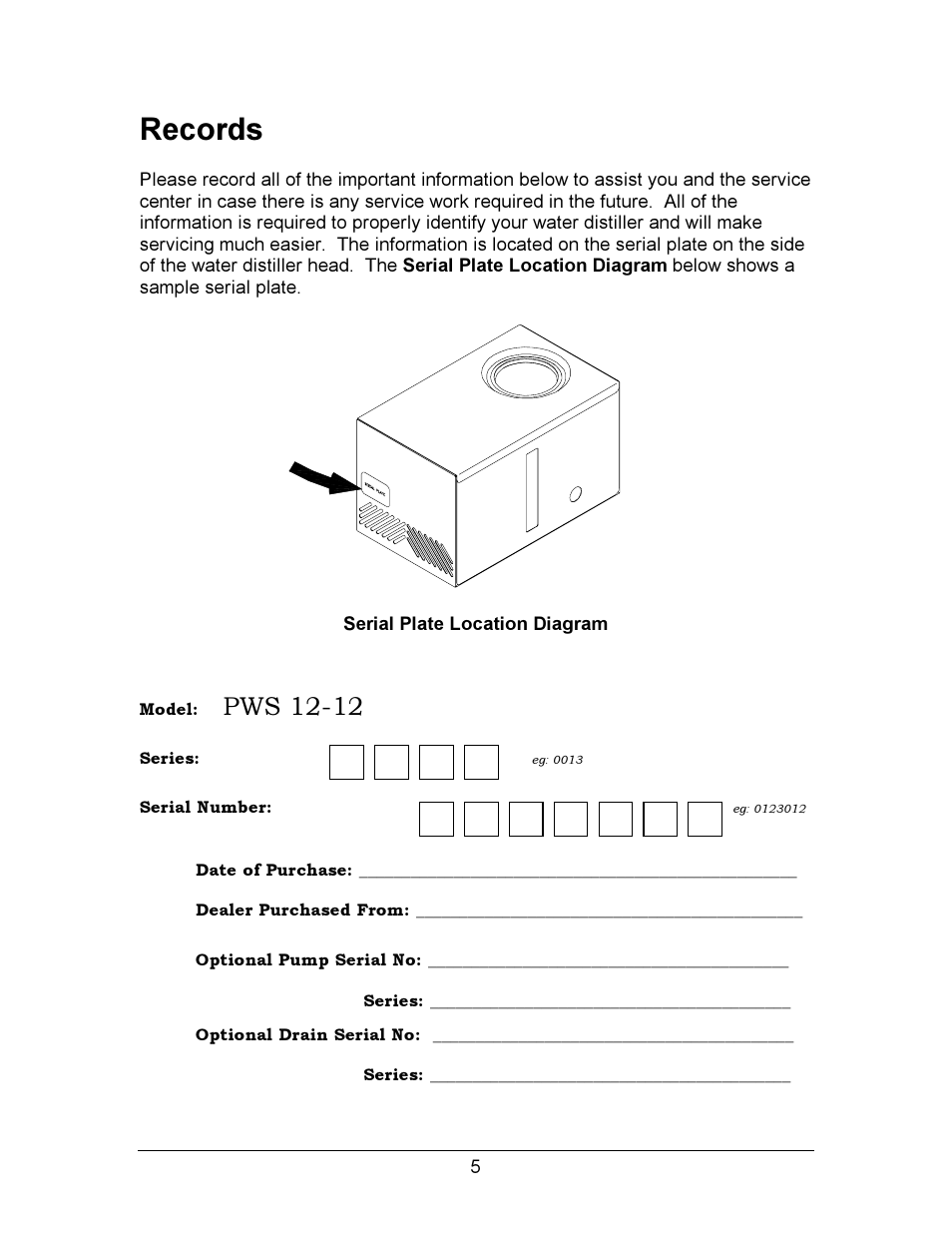 Records, Pws 12-12 | Hydrotech Precision-PWS 12-12 OWNERS GUIDE User Manual | Page 5 / 66