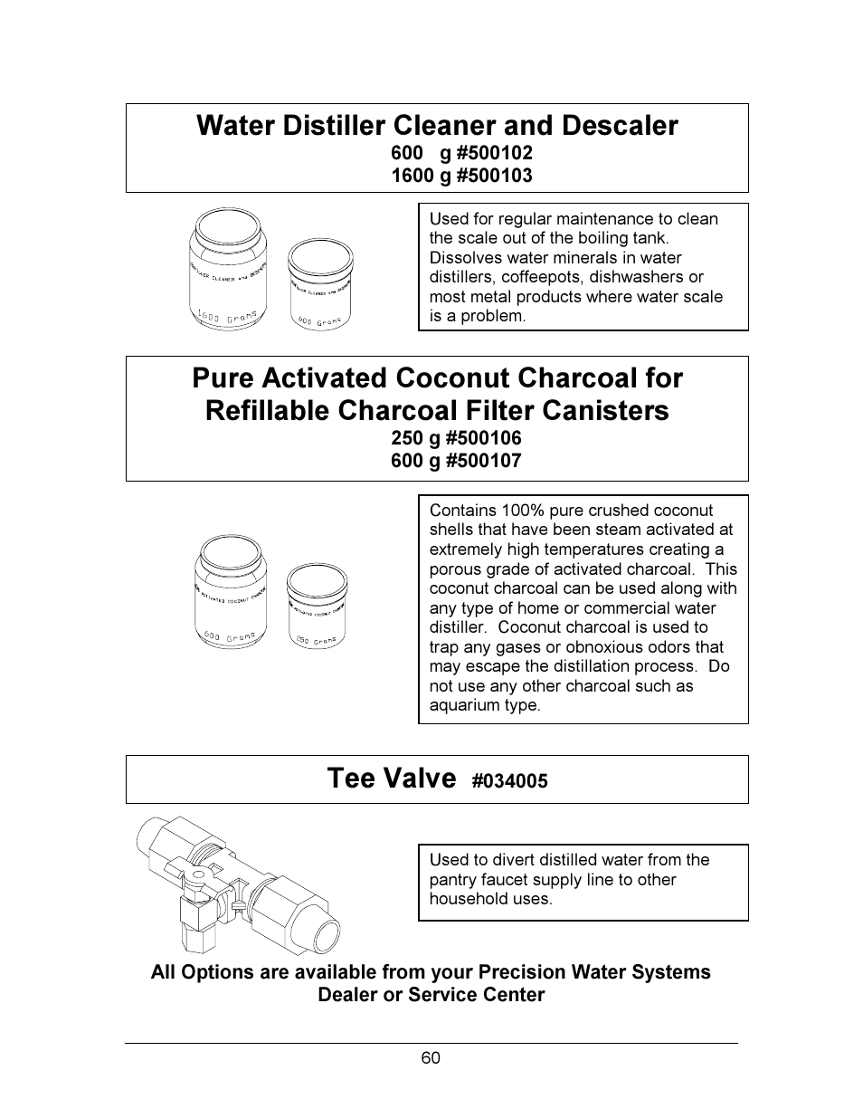 Water distiller cleaner and descaler, Tee valve | Hydrotech Precision-PWS 12-12 OWNERS GUIDE User Manual | Page 60 / 66