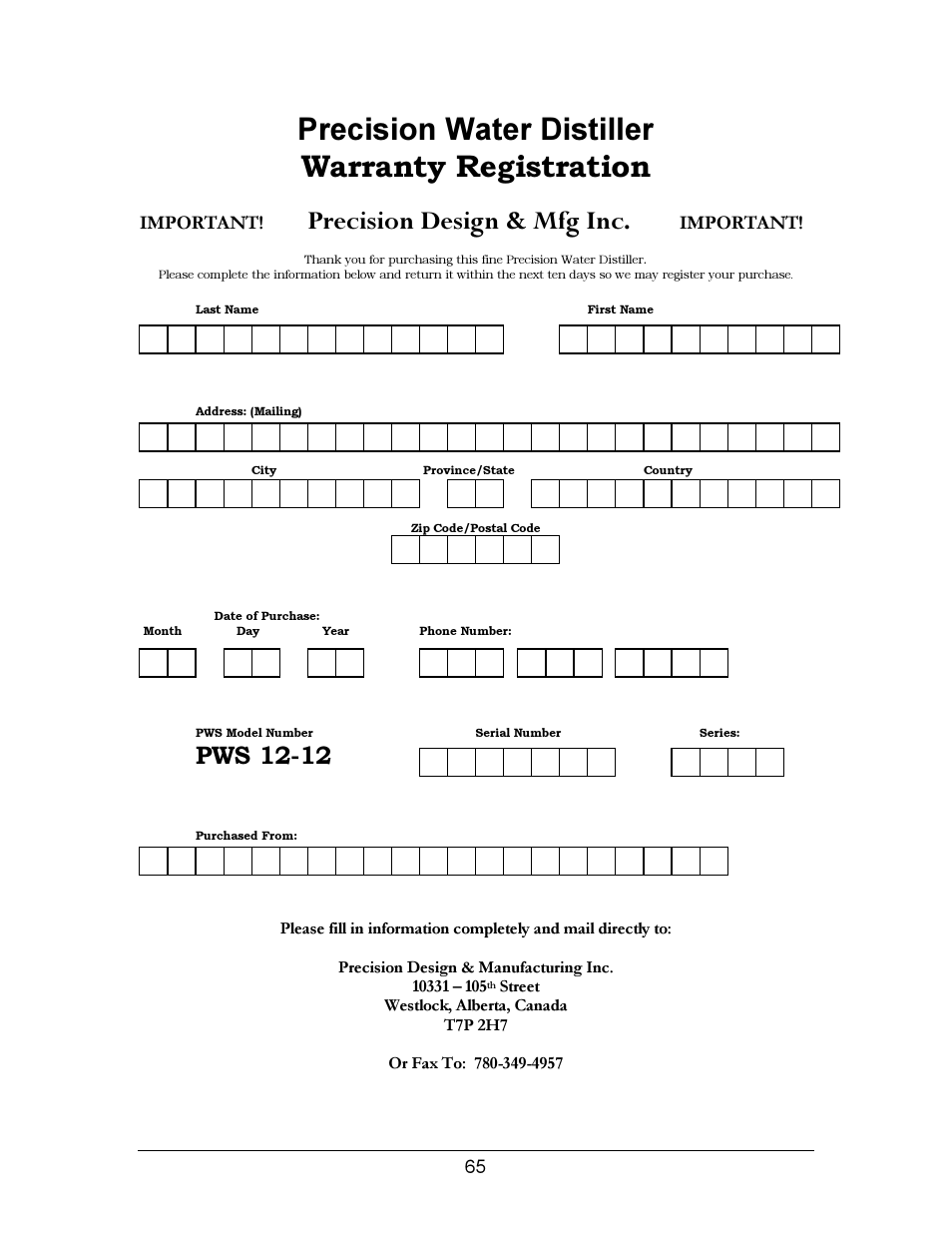 Precision water distiller, Warranty registration, Precision design & mfg inc | Pws 12-12, Important | Hydrotech Precision-PWS 12-12 OWNERS GUIDE User Manual | Page 65 / 66