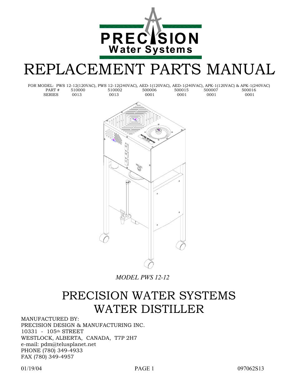 Hydrotech Precision-PWS 12-12(120_240VAC), AED-1(120_240VAC), APK-1(120_240VAC) REPLACEMENT PARTS MANUAL User Manual | 24 pages