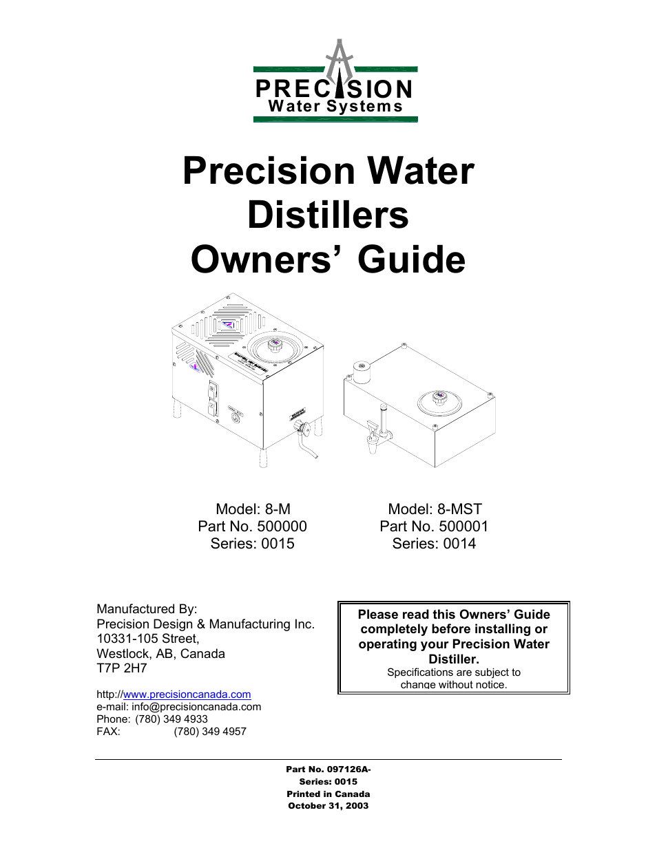 Hydrotech Precision-PWS 8-M_8-MST OWNERS GUIDE User Manual | 45 pages