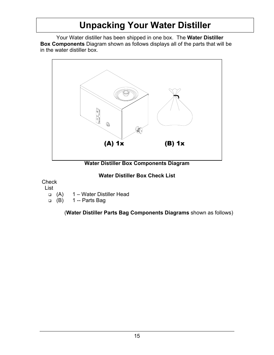 Unpacking your water distiller | Hydrotech Precision-PWS 8-M_8-MST OWNERS GUIDE User Manual | Page 15 / 45