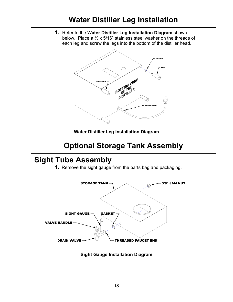 Water distiller leg installation, Optional storage tank assembly, Optional storage tank assembly sight tube assembly | Hydrotech Precision-PWS 8-M_8-MST OWNERS GUIDE User Manual | Page 18 / 45