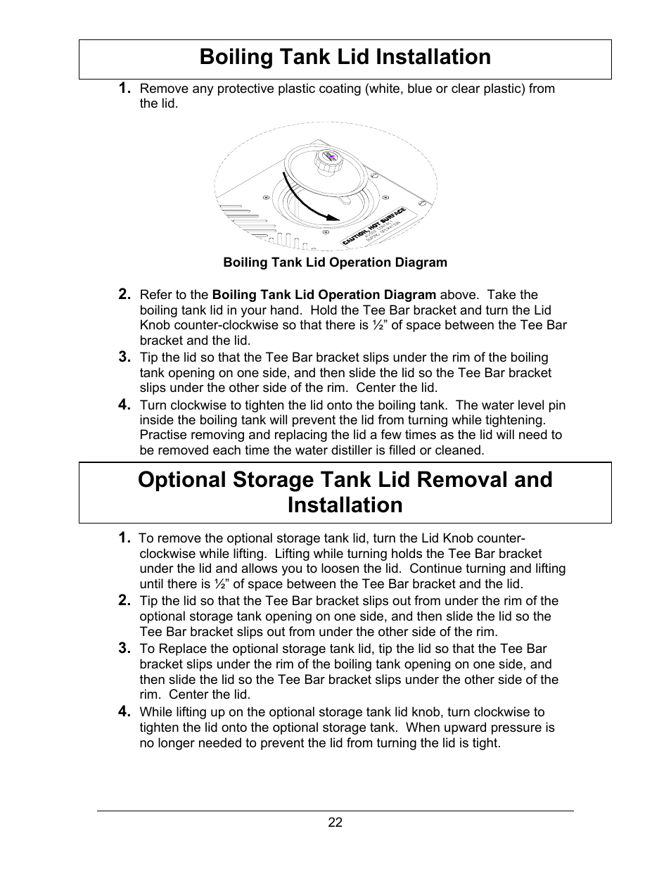 Boiling tank lid installation, Optional storage tank lid removal and installation | Hydrotech Precision-PWS 8-M_8-MST OWNERS GUIDE User Manual | Page 22 / 45