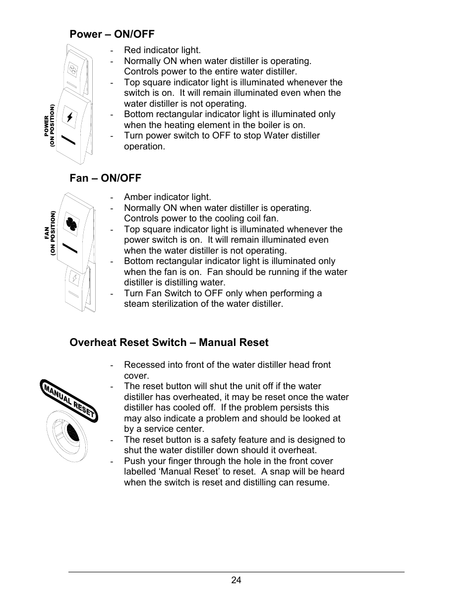 Power – on/off, Fan – on/off, Overheat reset switch – manual reset | Hydrotech Precision-PWS 8-M_8-MST OWNERS GUIDE User Manual | Page 24 / 45