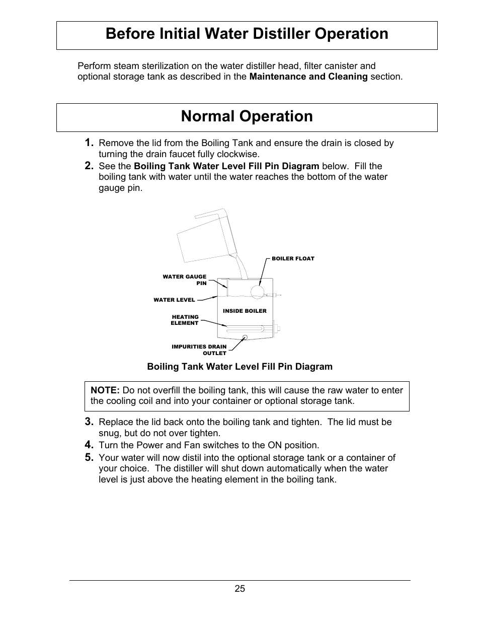 Efore, Nitial, Ater | Istiller, Peration, Ormal, Before initial water distiller operation, Normal operation | Hydrotech Precision-PWS 8-M_8-MST OWNERS GUIDE User Manual | Page 25 / 45
