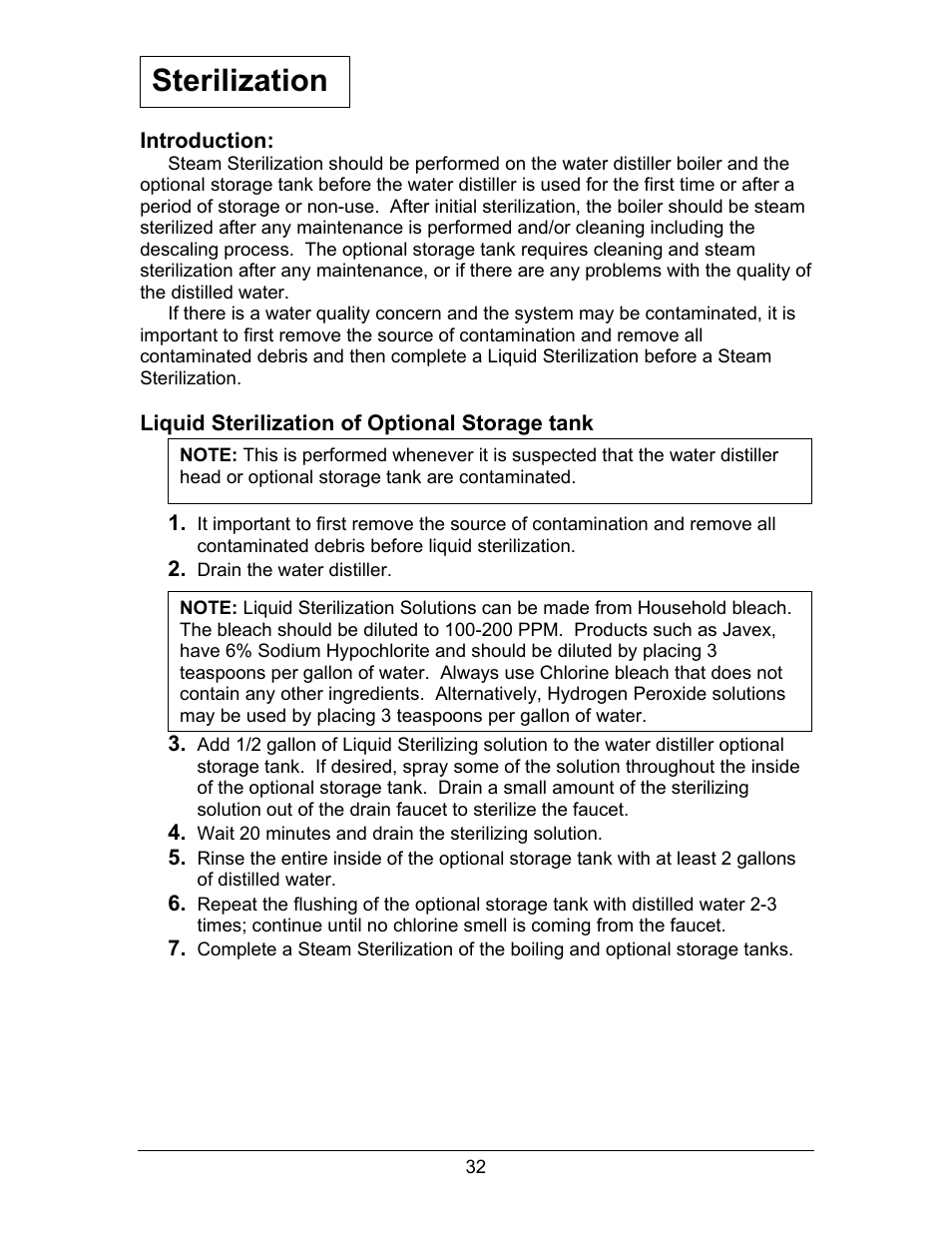 Terilization, Liquid sterilization of optional storage tank, Sterilization | Hydrotech Precision-PWS 8-M_8-MST OWNERS GUIDE User Manual | Page 32 / 45