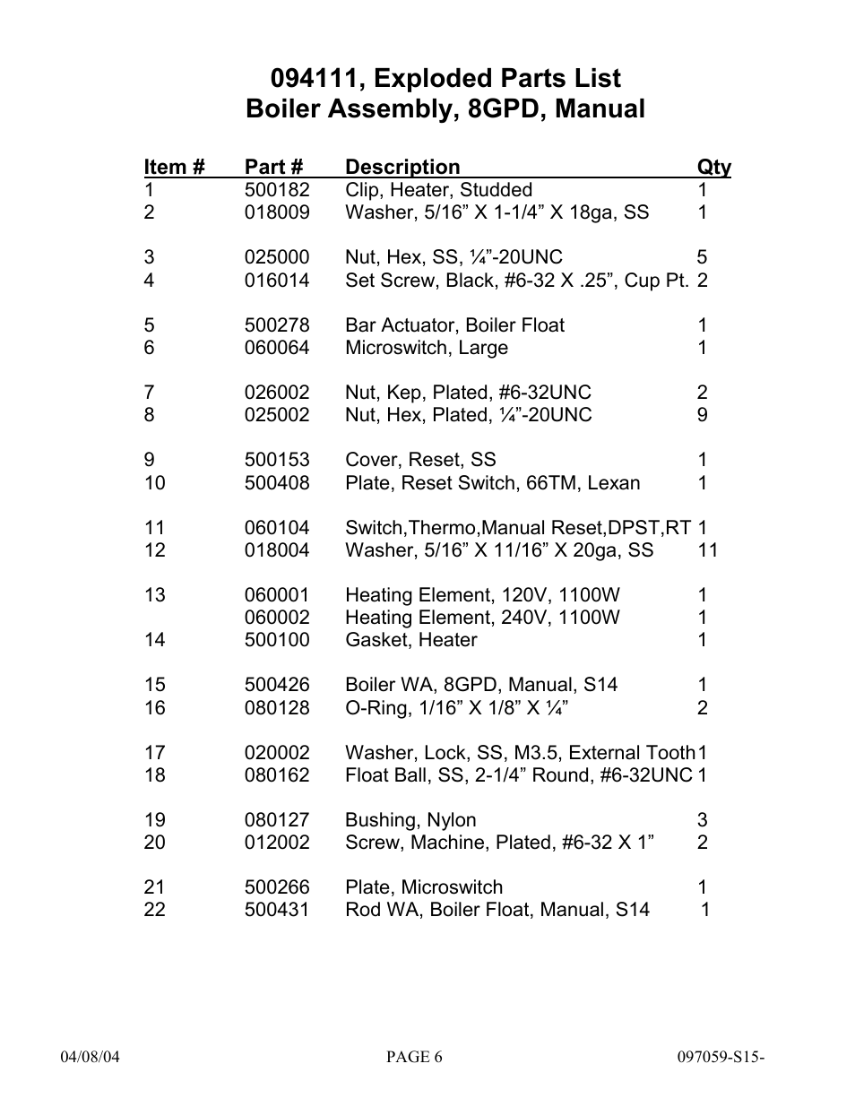 Hydrotech Precision-PWS 8-M(120_240VAC), PWS 8-MST REPLACEMENT PARTS MANUAL User Manual | Page 6 / 18