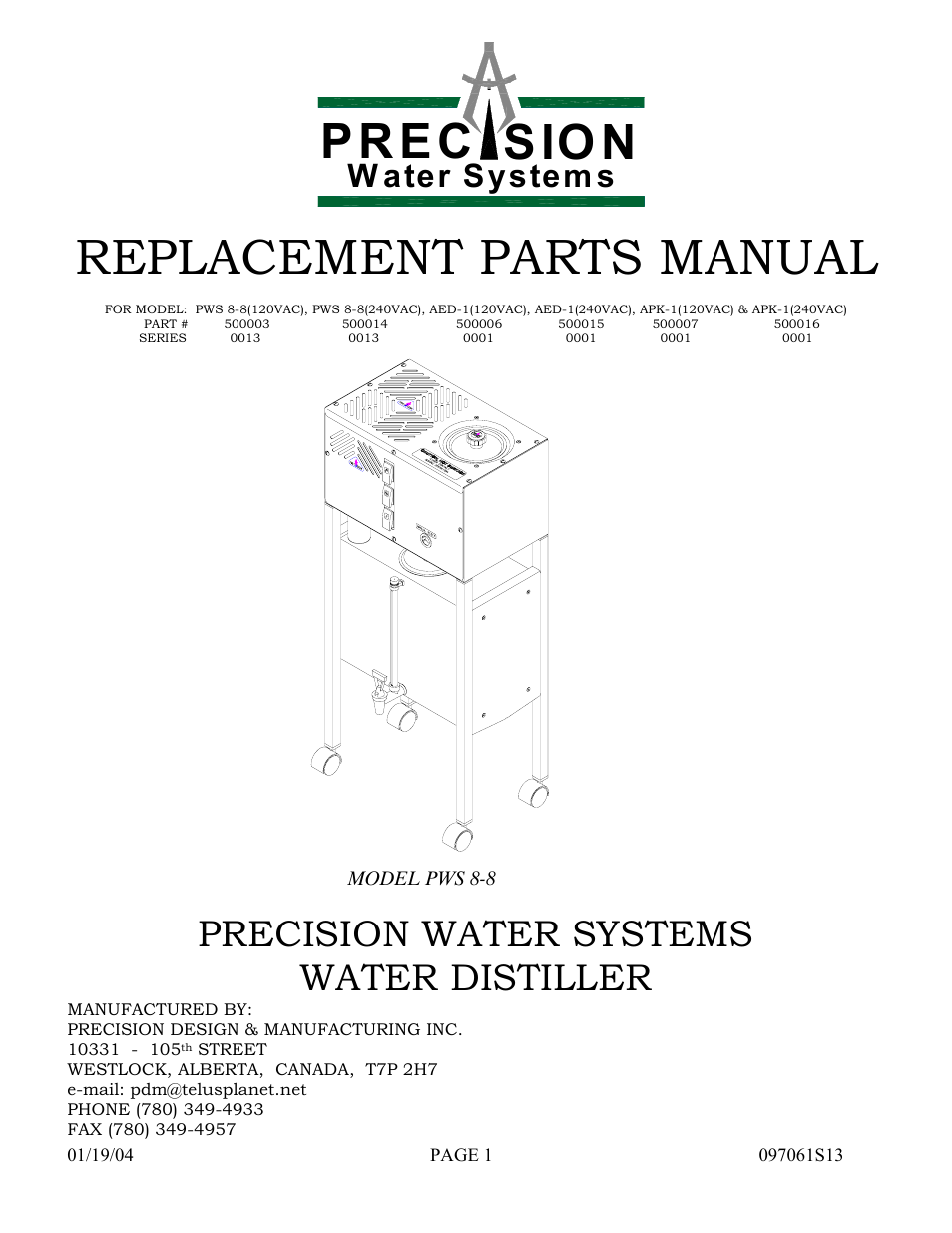 Hydrotech Precision-PWS 8-8(120_240VAC), AED-1(120_240VAC), APK-1(120_240VAC) REPLACEMENT PARTS MANUAL User Manual | 24 pages