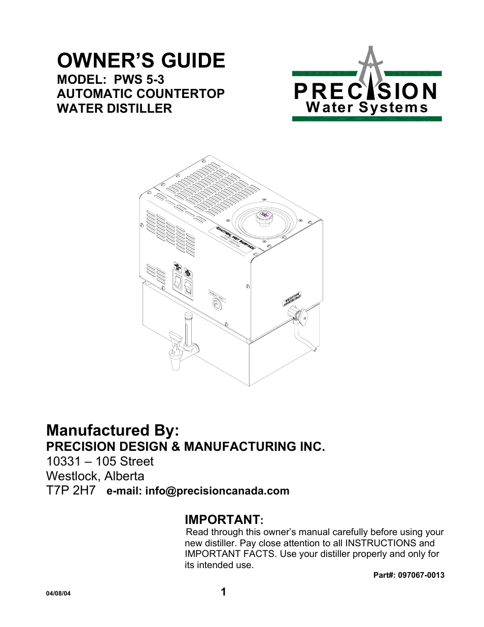 Hydrotech Precision-PWS 5-3 OWNERS GUIDE User Manual | 13 pages