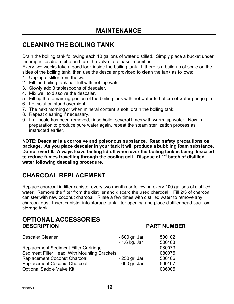 Maintenance, Cleaning the boiling tank, Charcoal replacement | Optional accessories | Hydrotech Precision-PWS 5-3 OWNERS GUIDE User Manual | Page 12 / 13