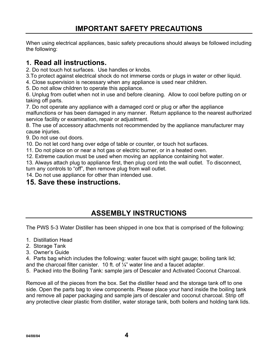 Important safety precautions, Assembly instructions, Read all instructions | Save these instructions | Hydrotech Precision-PWS 5-3 OWNERS GUIDE User Manual | Page 4 / 13