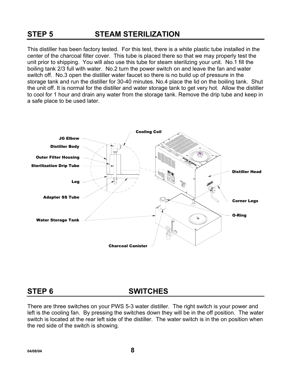 Step 5 steam sterilization, Step 6switches, Step 6 switches | Hydrotech Precision-PWS 5-3 OWNERS GUIDE User Manual | Page 8 / 13