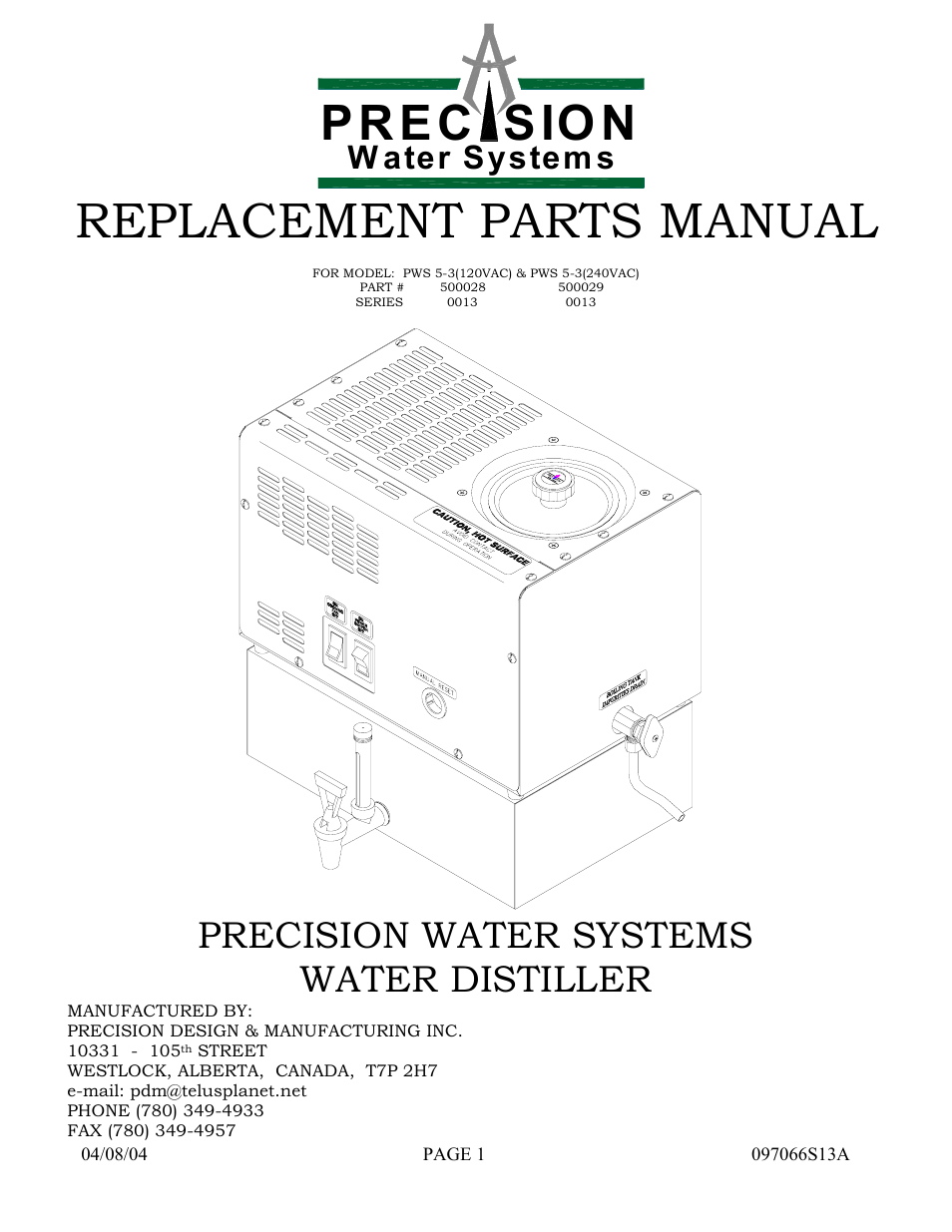 Hydrotech Precision-PWS 5-3(120_240VAC) REPLACEMENT PARTS MANUAL User Manual | 20 pages