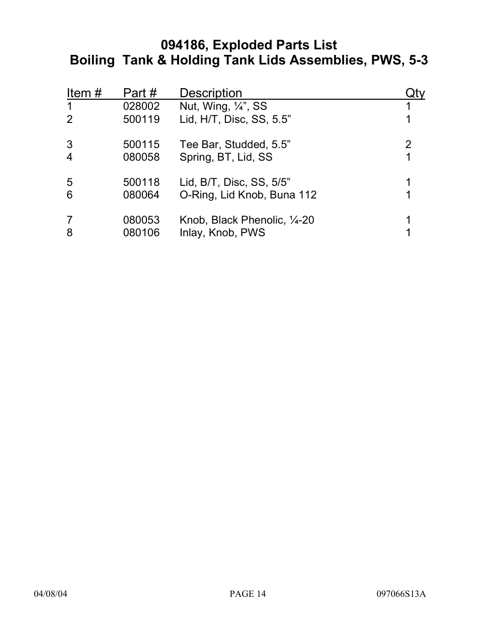 Item # part # description qty | Hydrotech Precision-PWS 5-3(120_240VAC) REPLACEMENT PARTS MANUAL User Manual | Page 14 / 20