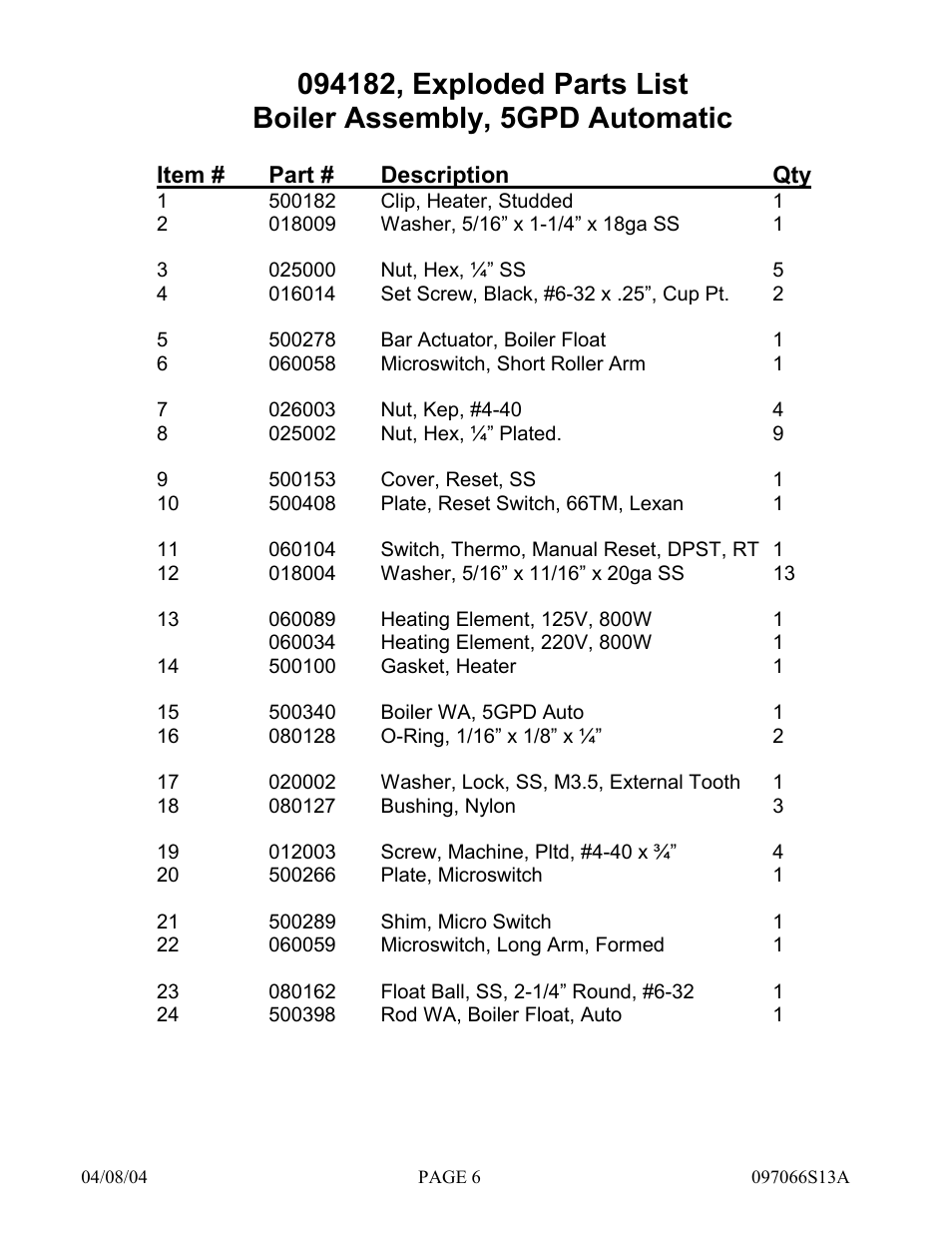 Hydrotech Precision-PWS 5-3(120_240VAC) REPLACEMENT PARTS MANUAL User Manual | Page 6 / 20